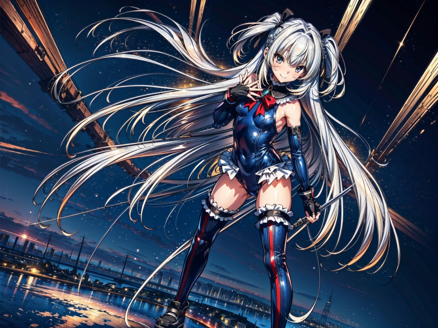 Perfect Anatomy, Highest quality, marirose,Wicked Smile,Provocative attitude
,(Four girls greet the dawn on a pile of rubble:1.1),(Emotionless,Expressionless:1.4),Anime Style,(Frilled swimsuit, Knee socks, Removed sleeve), (Anime Style:1.4) ,
Silver Hair,(White fingers:1.1,Black gloves),Very long hair,Evil Aura,(from directly below:1.4),full body