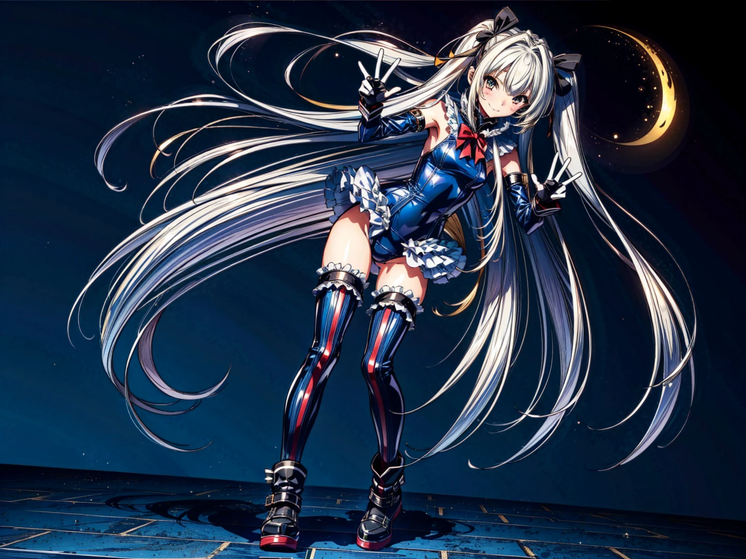 Masterpiece, Very detailed, Highest quality, Sharp focus, 12k, ultra hi resolution picture, big ,12k,Perfect Anatomy, Highest quality, Marie Rose,Wicked Smile,Provocative attitude
,,Wicked Smile,Anime Style,(Ruffled swimsuit, Knee socks, Removed sleeve), (Anime Style:1.4) ,
,(White fingers:1.1,Black gloves),
Hollow Eyes,,(1 little girl:1.4)、,(Very long hair:1.6),(full  body:1.3),

