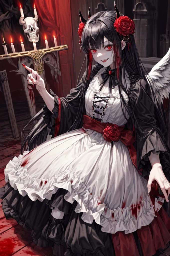 (Highest quality,4K,High resolution,masterpiece:1.2),Very detailed,Realistic:1.37,masterpiece, Highest quality, Exquisitely crafted, woman, beautiful, elegant, smile, Blood, iridescent Long Hair, bangs, skirt, shirt, Long sleeve, Frills, shoes, (Red and Black:1.4), flower, Spooky, Horror, 頭蓋Bones, Long Hair, Black Hair, Candles, Blood, hair flower, The dead, hair ornaments, Bone, doll, 頭蓋Bone, skeleton, Horror (theme),Spooky altar background,Dark fantasy,Red color scheme,Ominous atmosphere,Eye-catching,Storytelling,anatomy,Anime Style,Concept Art,beautiful細部までこだわった顔と (((Red eyes ))),Terrifying Ritual ,Satanic Ritual,Untimely Death,Unjust act,クレイジーなsmile,Scythe Face,Girl Monster, beautiful, Delicate facial features, Sharp Eye, Sharp Fangs, Pale skin, Blonde,robot,Cursed Painting, Dark Background, Cinema Lighting, Dramatic Shadows, Gothic style, Gloomy atmosphere, Dark fantasy, One Girl, , Please open your mouth wide, Open your mouth and baring your teeth,Sharp teeth like a beast, Wide lips, very wide mouth, Vermilion cheeks, ,(Bloodしぶき:1.4),Scary smile, laugh at,Fallen angel design, ねじれたsmile、Bloodまみれの、頭からの出Blood,、Bloodしぶき、,(Bloodしぶき:1.4),Crossbones, 頭蓋Bone,Horrorスタイル, ((Fantasy Fallen Angel Costume)), ((流れるようなBlack Hair)), ,(Bloodしぶき:1.4),womanの曲線, Sexy flat stomach, Perfect hands, Perfect anime face, ((White Lolita Dress)), Are standing, ((邪悪なsmile)), ,(Bloodしぶき:1.4), Steam circulates, Moonlight Illumination, night lighting, disaster々new devil horns,,(Bloodしぶき:1.6),アニメFallen angel design, ねじれたsmile、Bloodまみれの、頭からの出Blood,、Bloodしぶき、,(Bloodしぶき:1.4),Crossbones, 頭蓋Bone,Gothic architecture、Western architecture、Fantasy World、,Victorian cities, 骸Boneのガス灯,