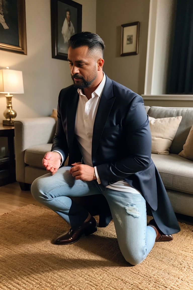 In the dim light of a luxurious living room, with a nighttime view of the city illuminating the windows, a middle-aged Protestant pastor kneels on a shag rug. His cassock is open, revealing his white underwear and the beginnings of an erection. In front of him, a muscular man with tribal tattoos and worn jeans unbuttons his shirt, revealing his toned abs. The shepherd's gaze is a mixture of guilt and desire, while the bad boy watches him with a predatory smile. The Bible lies open on the floor, abandoned like a broken vow. Extreme realism, explicit details, 8k cinematic quality