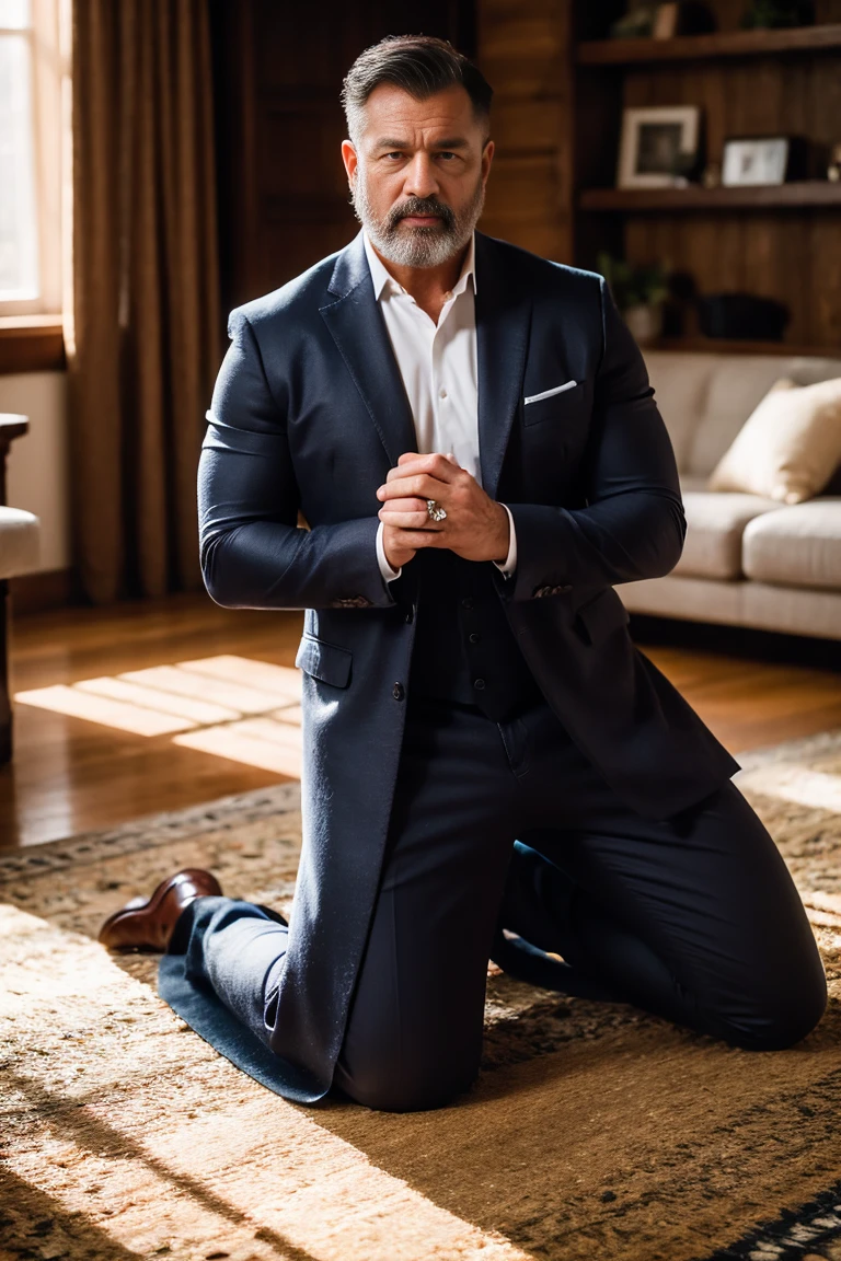 In the dim light of a luxurious living room, with a nighttime view of the city illuminating the windows, a middle-aged Protestant pastor kneels on a shag rug. His cassock is open, revealing his white underwear and the beginnings of an erection. In front of him, a muscular man with tribal tattoos and worn jeans unbuttons his shirt, revealing his toned abs. The shepherd's gaze is a mixture of guilt and desire, while the bad boy watches him with a predatory smile. The Bible lies open on the floor, abandoned like a broken vow. Extreme realism, explicit details, 8k cinematic quality
