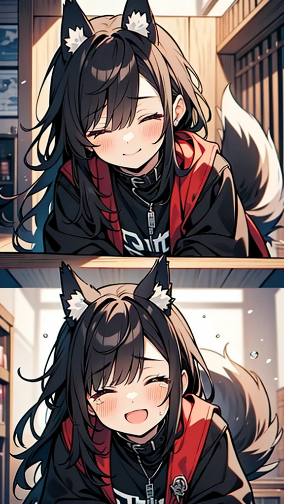 An anime illustration that is extremely precise, extremely drawn, extremely skilled, and extremely processed.、1. Juvenile、A cute boy like a beautiful girl、Wolf ears and wolf tail、Long black hair、Stop crying and smile、close your eyes、Trail of Tears、Pure、Punk Fashion、Lock、Leather outfit、