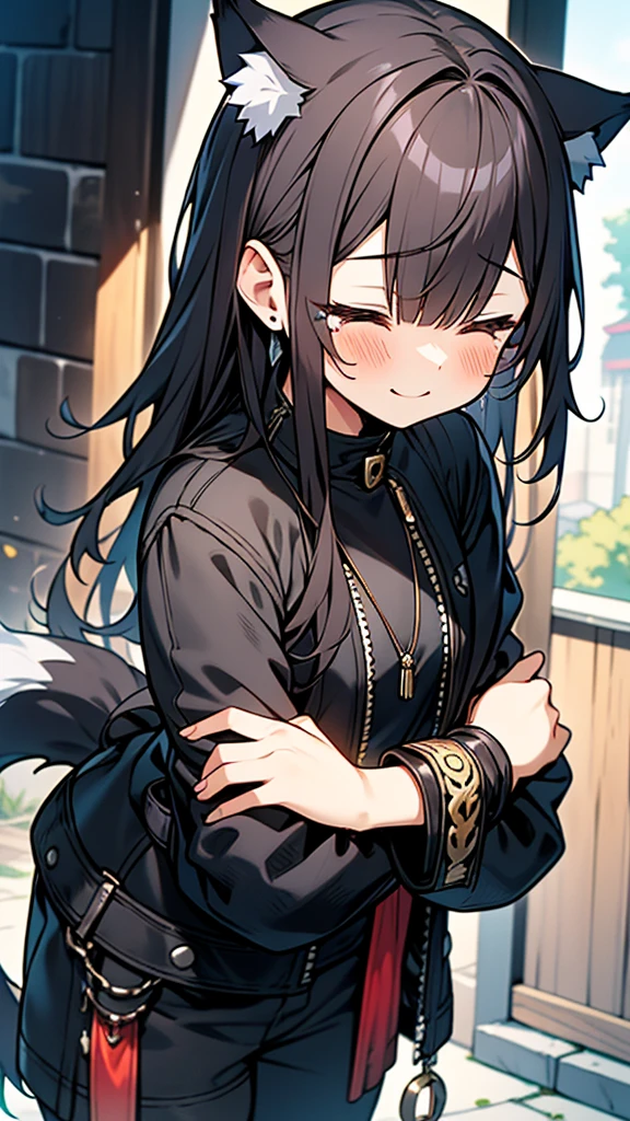 An anime illustration that is extremely precise, extremely drawn, extremely skilled, and extremely processed.、1. Juvenile、A cute boy like a beautiful girl、Wolf ears and wolf tail、Long black hair、Stop crying and smile、close your eyes、Trail of Tears、Pure、Punk Fashion、Lock、Leather outfit、