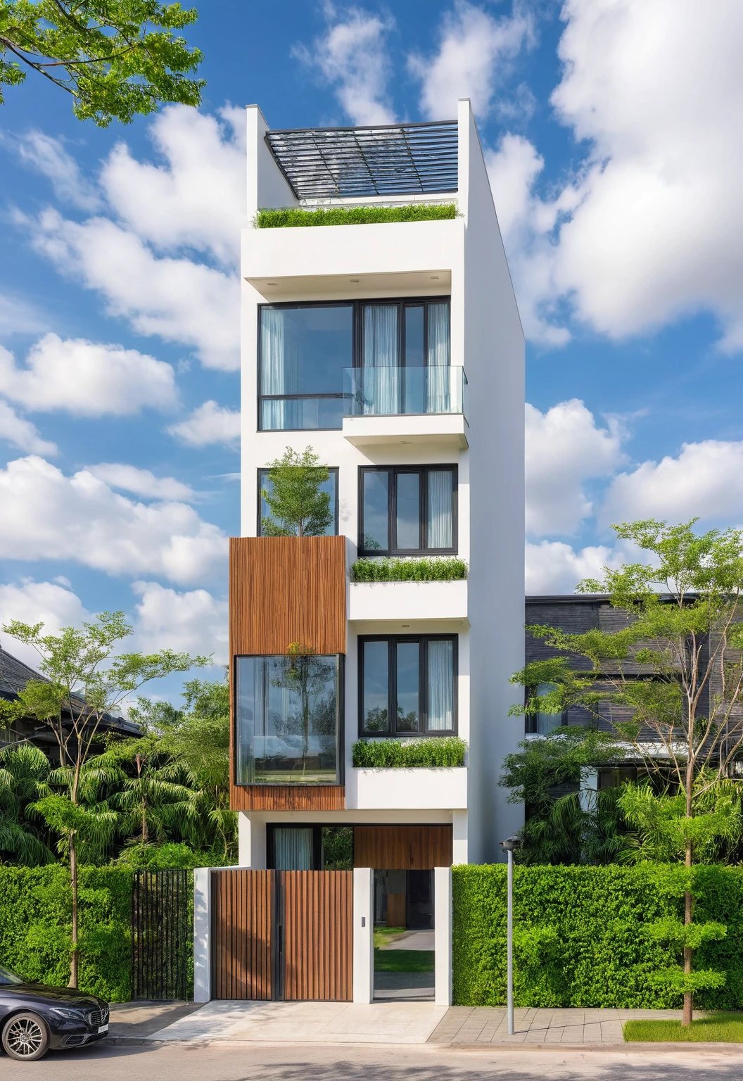 Masterpiece, high quality, best quality, authentic, super detail, outdoors, house style modern,bietthuhn, white wall, glass windows, gate road,pavement, grass, trees,blue sky, cloud, (day:1.1), realistic lighting