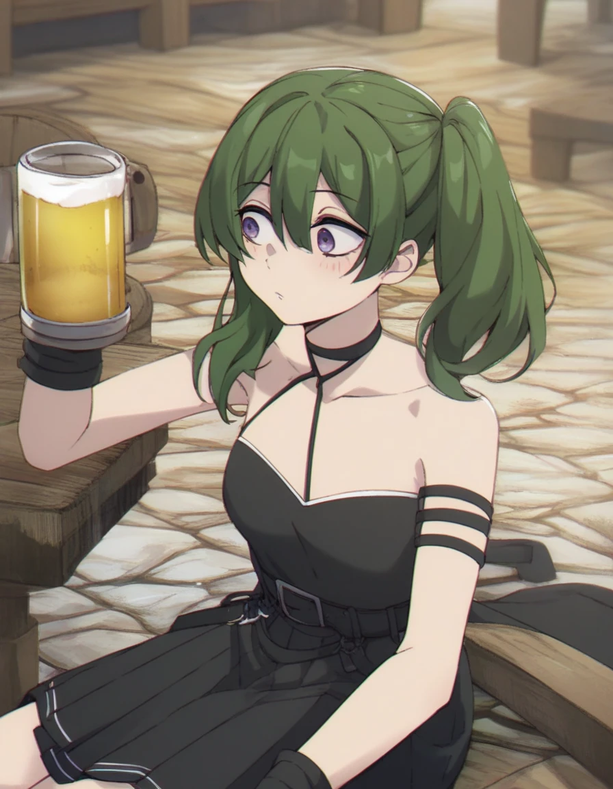 score_9, score_8_up,score_7_up,score_6_up,score_5_up,score_4_up,very aesthetic,
ubel,1girl,green hair,bangs,hair between eyes,side ponytail,purple eyes,sitting,tavern,drinking beer,awe,green hair,solo,
black choker,collarbone,sleeveless,black dress,sleeveless dress,halterneck,pleated skirt,black gloves,belt,black footwear,
d4rk01l,