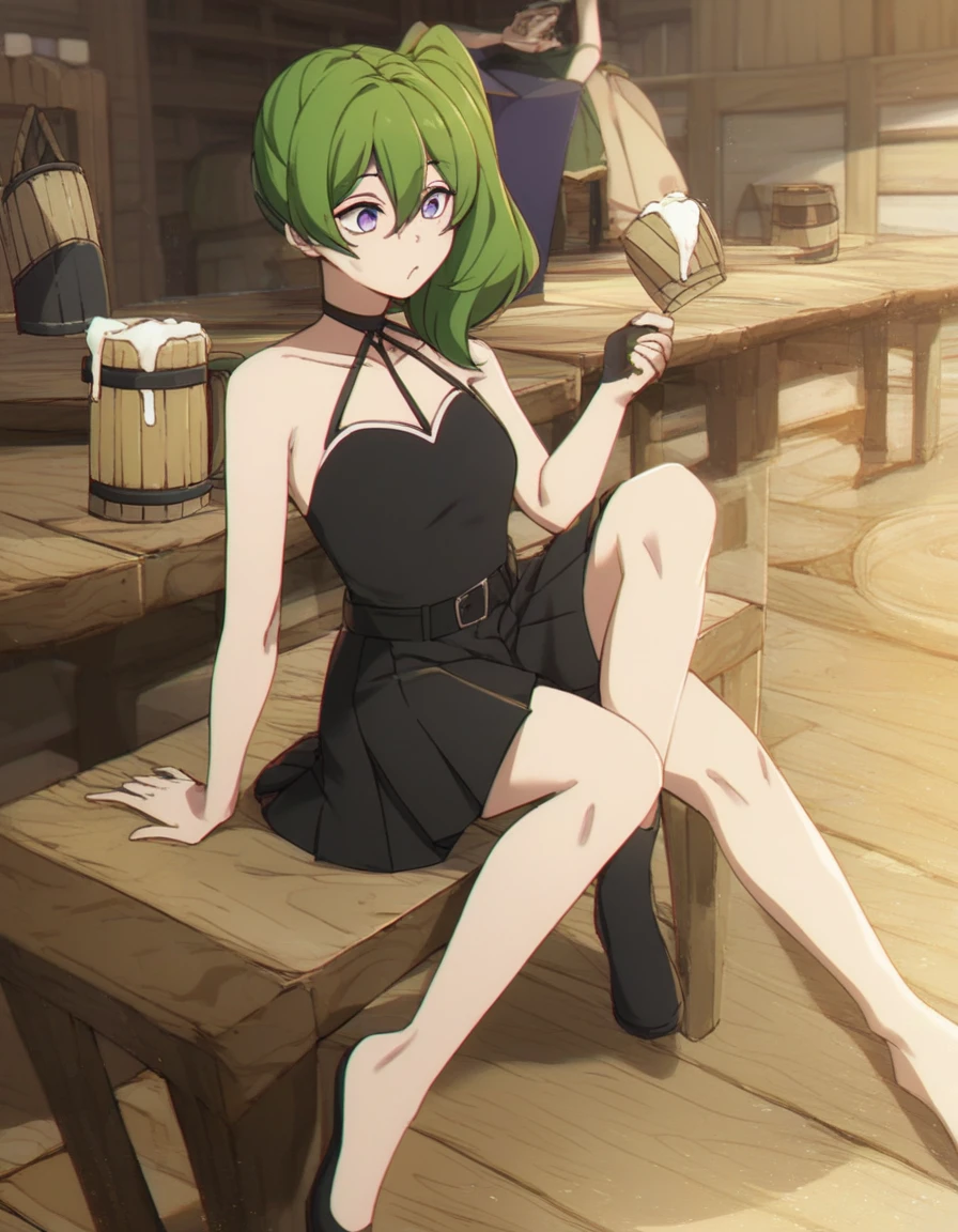 score_9, score_8_up,score_7_up,score_6_up,score_5_up,score_4_up,very aesthetic,
ubel,1girl,green hair,bangs,hair between eyes,side ponytail,purple eyes,sitting,tavern,drinking beer,awe,green hair,solo,
black choker,collarbone,sleeveless,black dress,sleeveless dress,halterneck,pleated skirt,black gloves,belt,black footwear,
d4rk01l,