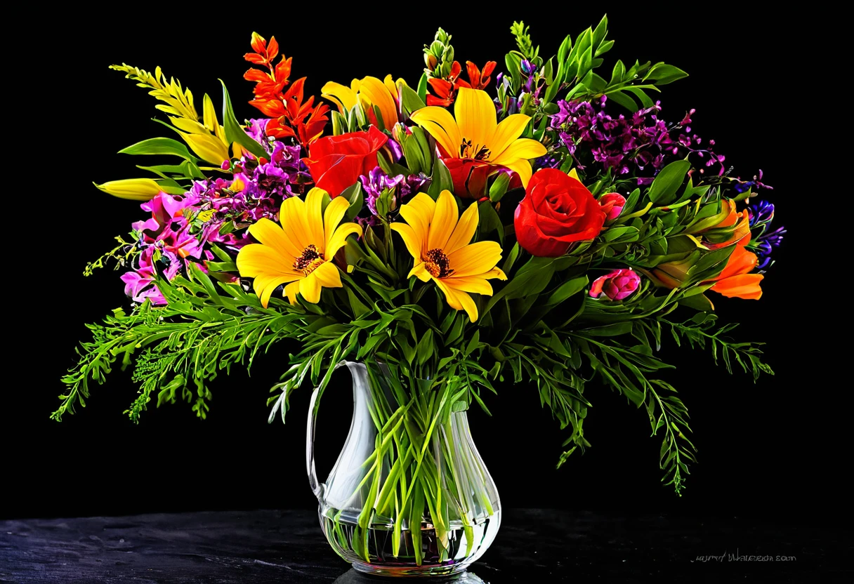 brightly colored bouquet of flowers in a vase with a black background, colorful!!, bouquet, ( colorful ), ❤🔥🍄🌪, colorful]”, beautiful colorful, ( ( ( colorful ) ) ), colorful!!!, Vibrant colors!!, colorful!, とてもcolorful, full of colour 8-w 1024, rich floral color, very colorful, colorful flowers