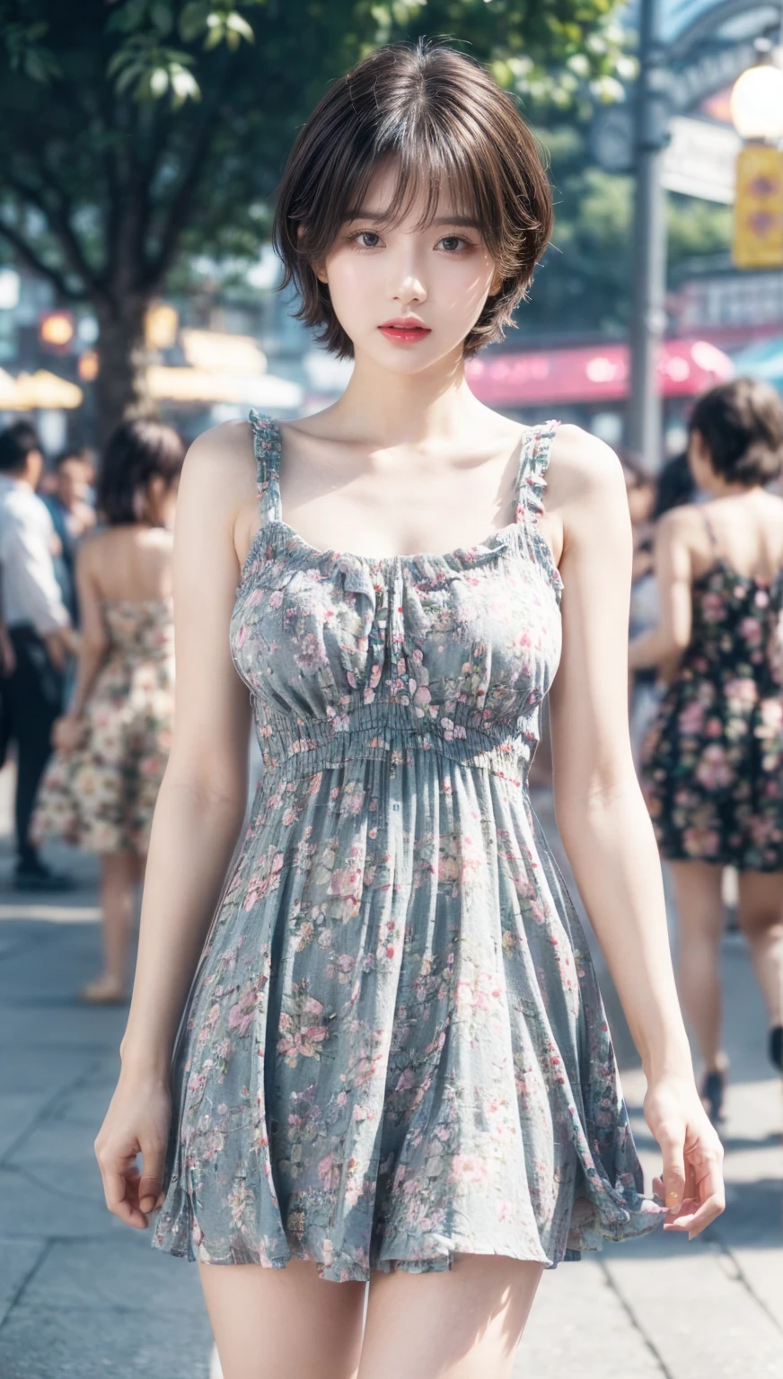 best quality, 1girl, (skindentation), (huge breast:1.2), (blur background:0.6), in a crowded amusement park, (casual yet stylish, elegant cloth,floral dress:1.5 ), gorgeous, (short hair:1.5), soft lighting, wind, (front light:1.5), surprised, 