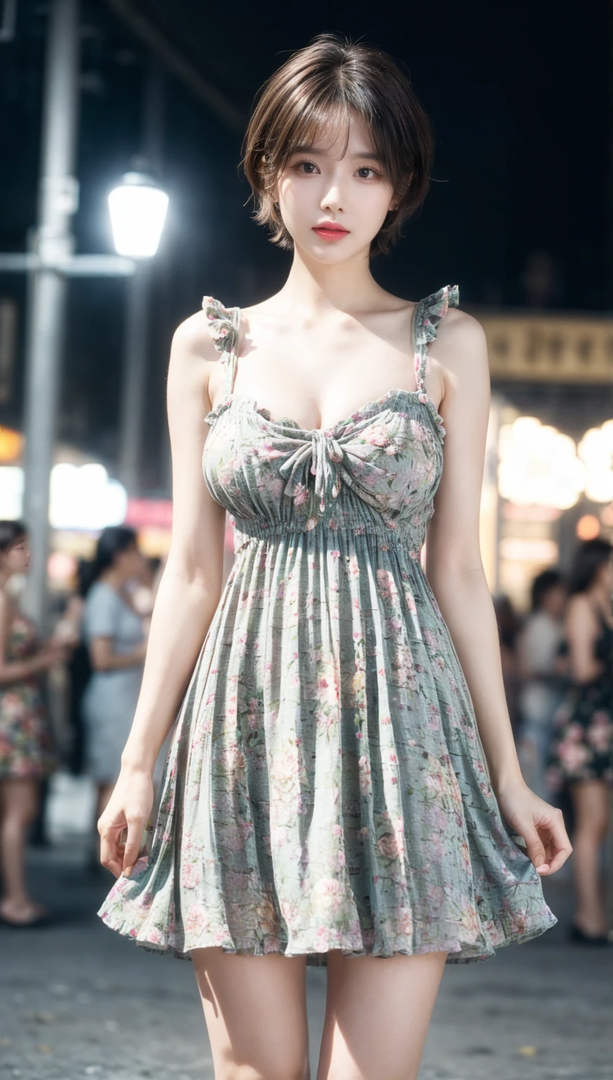 best quality, 1girl, (skindentation), (huge breast:1.2), (blur background:0.6), in a crowded amusement park, (casual yet stylish, elegant cloth,floral dress:1.5 ), gorgeous, (short hair:1.5), soft lighting, wind, (front light:1.5), surprised,