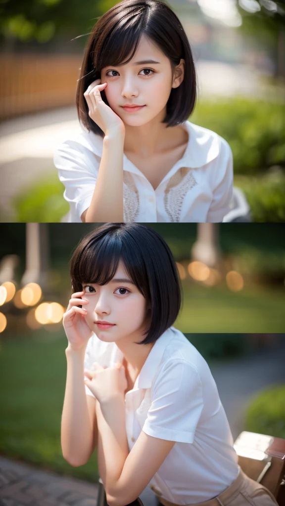 a girl with short black hair, wearing a white shirt and short pants, making a cute pose, cute, shy, highly detailed, realistic, photorealistic, 8k, masterpiece, elegant, beautiful, cinematic lighting, natural skin tones, hyper-detailed, intricate details, warm color palette