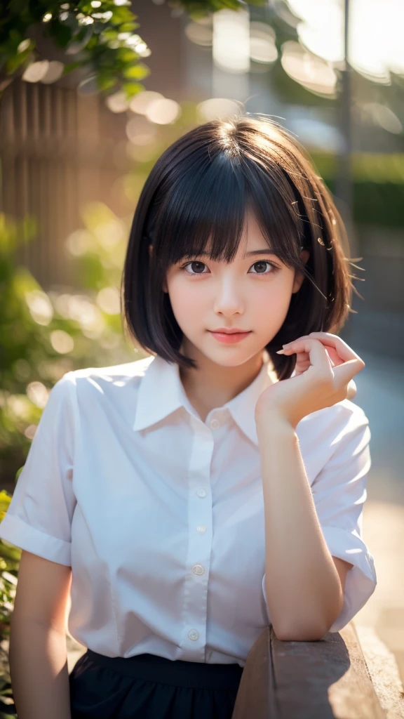 a girl with short black hair, wearing a white shirt and short pants, making a cute pose, cute, shy, highly detailed, realistic, photorealistic, 8k, masterpiece, elegant, beautiful, cinematic lighting, natural skin tones, hyper-detailed, intricate details, warm color palette