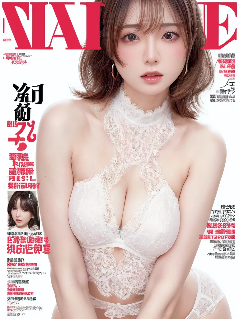 (((White Background 2.0)))、((High key portrait 1.3))、Professional Lighting、(((Professional Lighting 1.5)))、(Translucent skin texture))、Beautiful Skin、Fair skin、(((Whitening 1.5)))、((White lace bra 1.5))、See-through 1.5、High leg、Mid-shot photo、Simple earrings and necklace、(((ファッションMagazine Cover 1.5)))、(((Magazine Cover 1.5)))、Lots of photos、Lots of headlines、(((sex appeal1.5)))、大人のsex appeal、sex appeal、sexy、Ecstasy、Always look at the audience、Fatigue 1.85