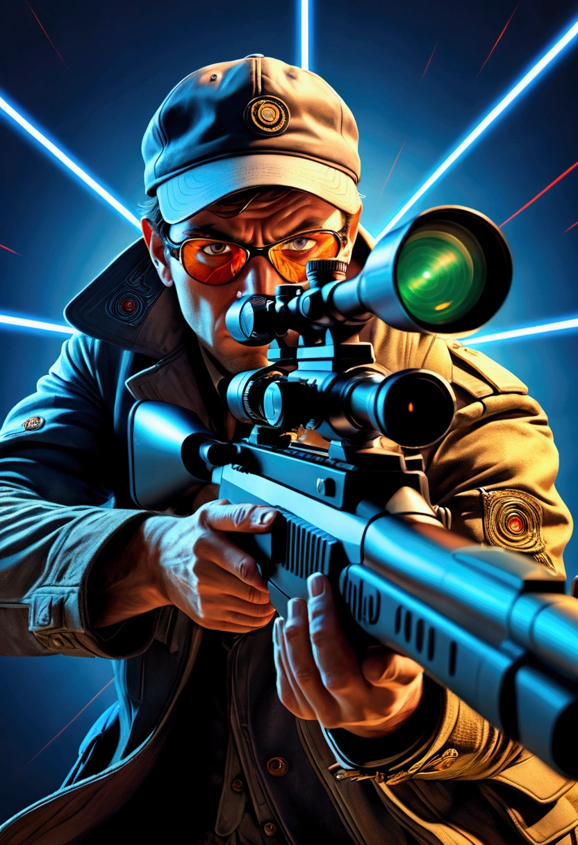 (Sniper), illustration of a aiming Sniper, in the style of laser lighting, focused light beams, vibrant light patterns, colored laser lights, danger, pulp comics, pulp art, hyper-realistic manga style, lurid, magazine cover imagery, dynamic composition, full body, award-winning, cinematic still, emotional, vignette, dynamic, vivid, (masterpiece, best quality, Professional, perfect composition, very aesthetic, absurdres, ultra-detailed, intricate details:1.3)