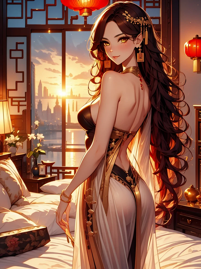 beautiful, Mark, Queen Mark, black dress, deep décolleté, wavy red hair, golden eyes, Good, sexy, sensual, chinese room, night, smiles, facial redness, looking back