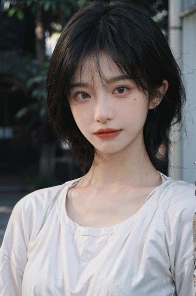 1 girl,Model,Upper Body,short hair,A faint smile,serene, calm,Moles under the eyes,Exquisite eyes, Delicate face,Lipstick,earrings,Hair details, skirt,(Dress conservatively:1.3)(Large Breasts:1.2),outdoor,background,城市background,(Skin details:1.4),(Realistic and detailed eyes:1.2), Natural skin texture, Realistic facial details,Close-up of face,Portrait Photography,(Portrait Photography:1.1), (smooth skin textures:1.3), (Highest quality real skin textures:1.4), Direct vision,Soft dramatic lighting, Vivid details, 35 mm film, (Photo Practical:1.4), (hyper Practical:1.4), (Practical:1.3), (Smoother lighting:1.05), (Improve lighting quality:0.9), (Enhance the beauty of skin texture:1.1), Depth of Field, Bokeh, Surrealism, Ray Tracing, ( Surrealism, High Detail, Chiaroscuro, Ray Tracing, reflected light, Ultra HD, Ultra HD, masterpiece, Textured Skin, Super Detail, High Detail, high quality, best quality