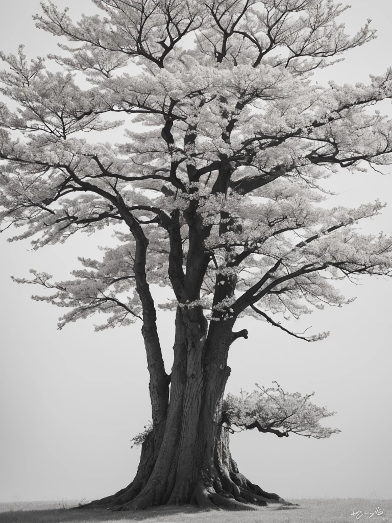 Penmanship,one cerry blossom big tree,monochrome,old painting,white background,far away