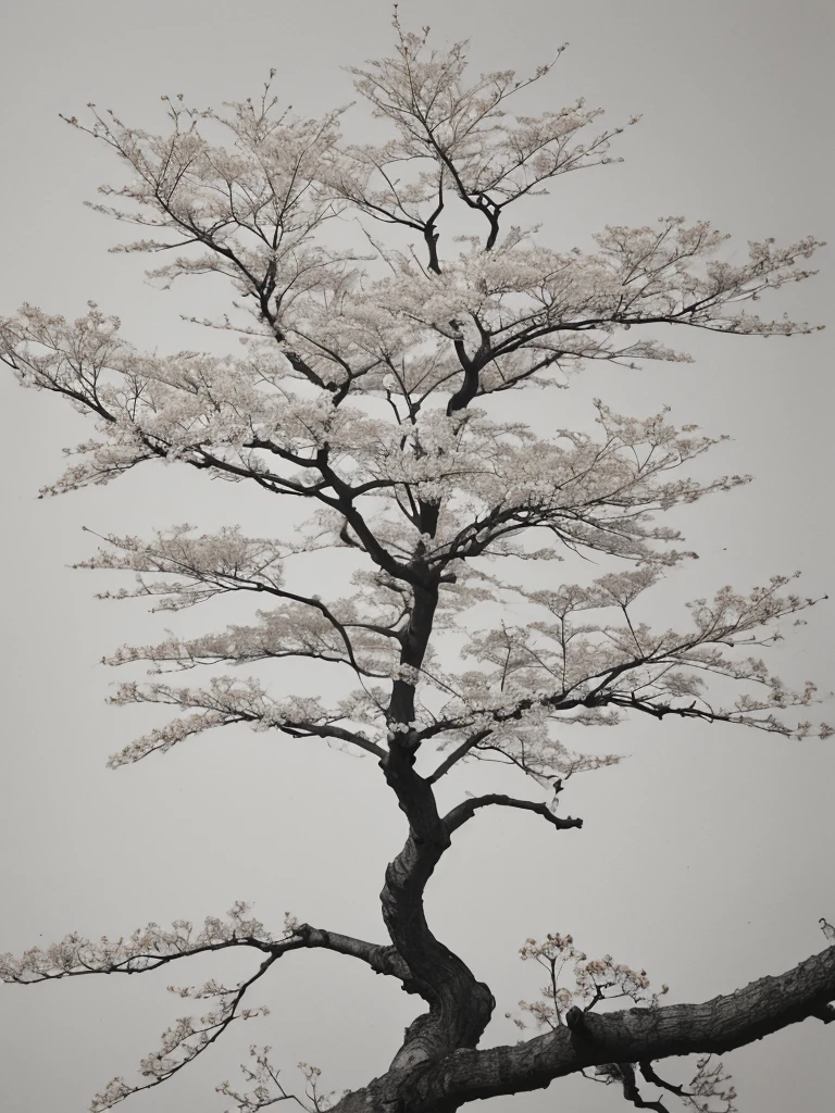 Penmanship,one cerry blossom big tree,monochrome,old painting,white background,far away