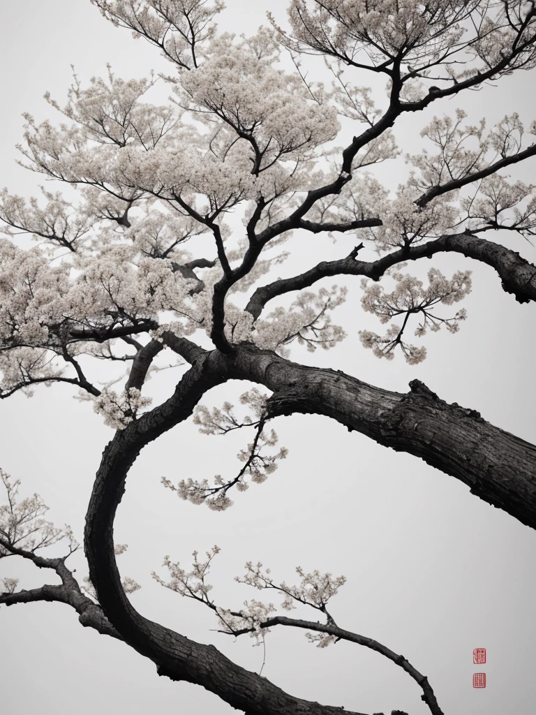 Penmanship,one cerry blossom big tree,monochrome,old painting,white background,far away