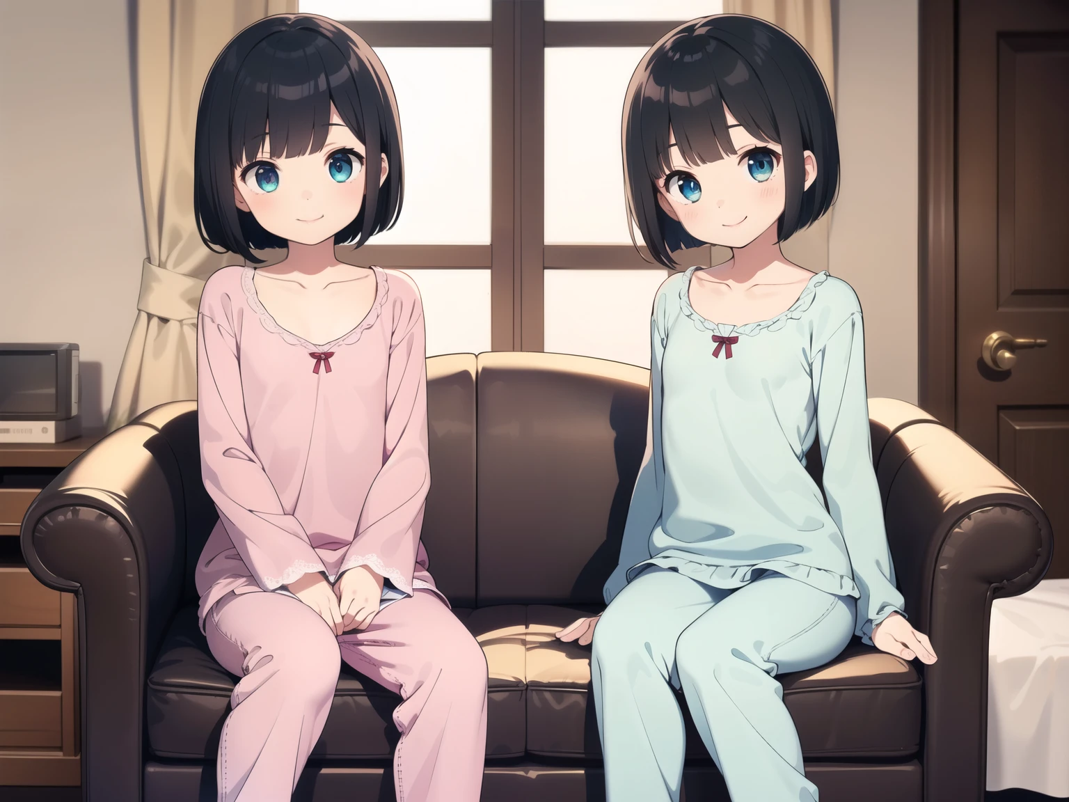 masterpiece, Highest quality, Cowboy Shot、 and cute twin g、７age、Two Girls、((Black Hair、Bob Hair))、Grey Eyes、((((Cute loungewear))))、((((Small breasts、Flat Chest))))、Slender body、Open your mouth,((She is sitting cutely on the sofa facing forward.、Sit at a distance)),Bedroom、((((smile)))),((Favorability))、((((Detailed facial depiction,Beautiful Eyes))))
