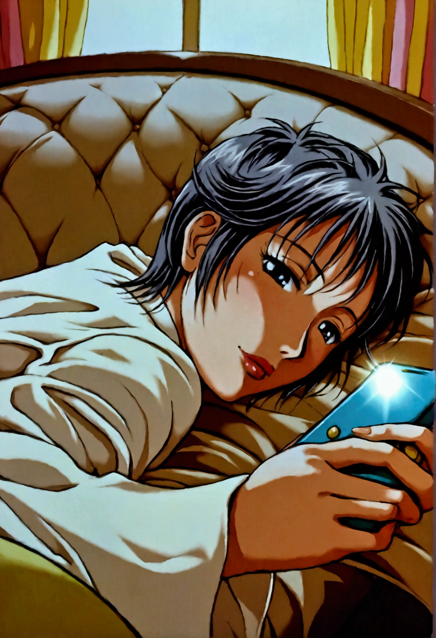 ((masterpiece)) Highest quality、Very detailed、A woman in her 50s lying on the sofa and holding a mobile phone, Chiho, Beasts, Short Hair, 8k!!, Taken with a Sony A3 camera, 30-year-old woman, 30-year-old woman, harumi, Complex!!, Yoshitomo Nara, Photo of your face, at night!!