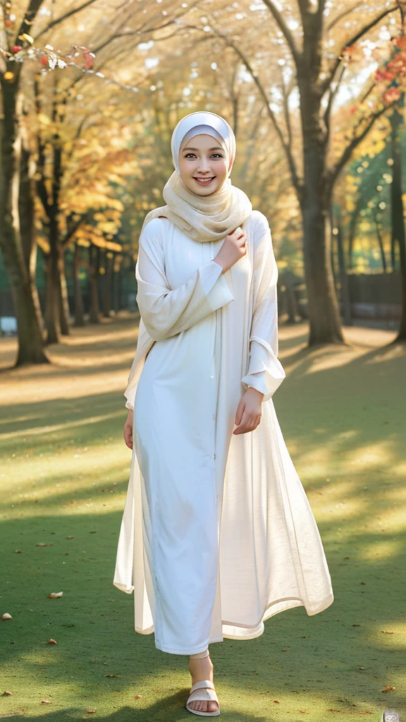 (RAW photo, best quality), (realistic, photo-realistic:1.3), 1 girl, solo girl, full body portrait, full body photo, tall background, extremely delicate and beautiful, Amazing, finely detail, masterpiece, ultra-detailed, highres,(best illustration), (best shadow),intricate,depth of filed, On a summer afternoon, a lovely white female muslim dress with tunic, pashmina hijabs, hijab, sandals, In the golden hues of autumn, creating a soothing sound, shine eyes, immersing smile in harmony with nature, No hair seen, looking at viewer, body facing to viewer, (blurry background:1.4), sharp focus, volumetric fog, 8k UHD, high quality, (film grain:1.4), apertur f/1.4,