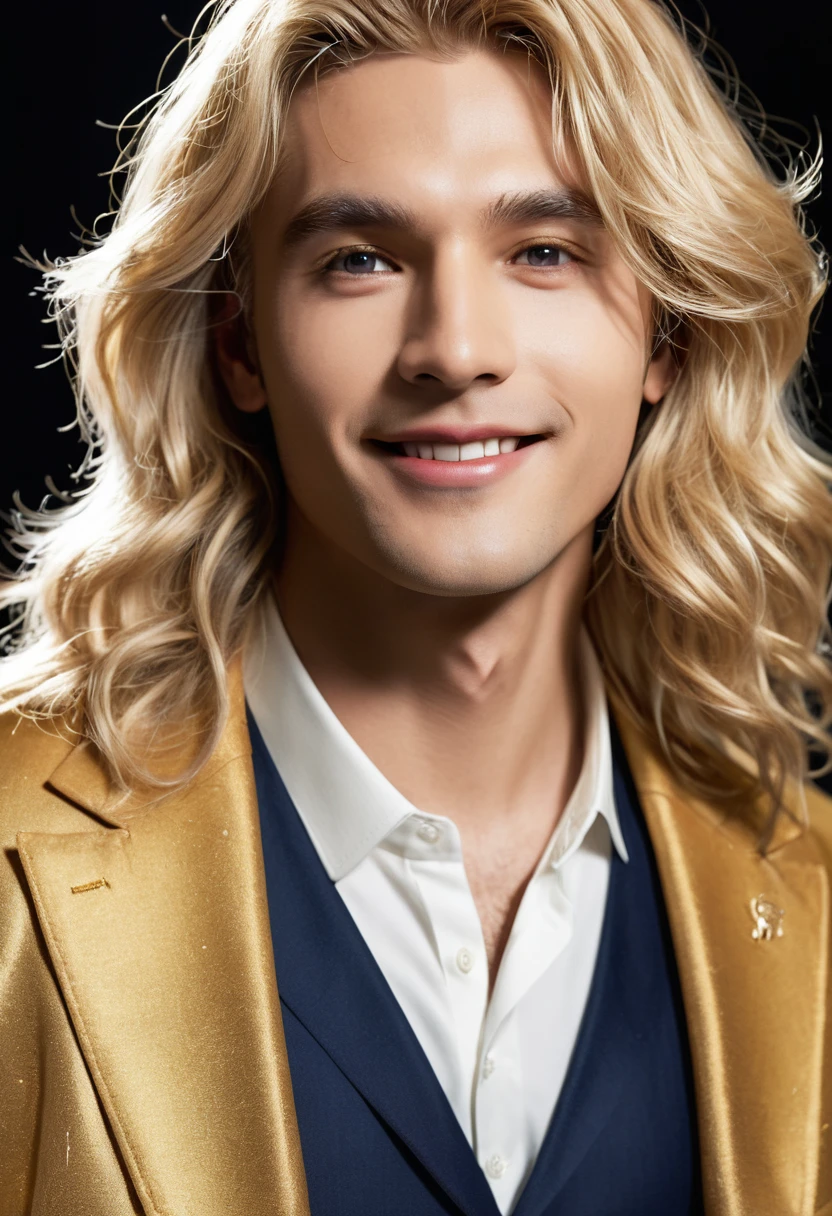 Create a man with unique characteristics, Inspired by Leo and the stars of the universe,This is an artistic expression of the essence of Leo, With striking features and a mysterious aura, Leaving behind golden traces and golden light, Blonde light hair and a confident smile,Use long curly and voluminous hair as a representation of the mane,Clearly demonstrates the proud nature of Leo