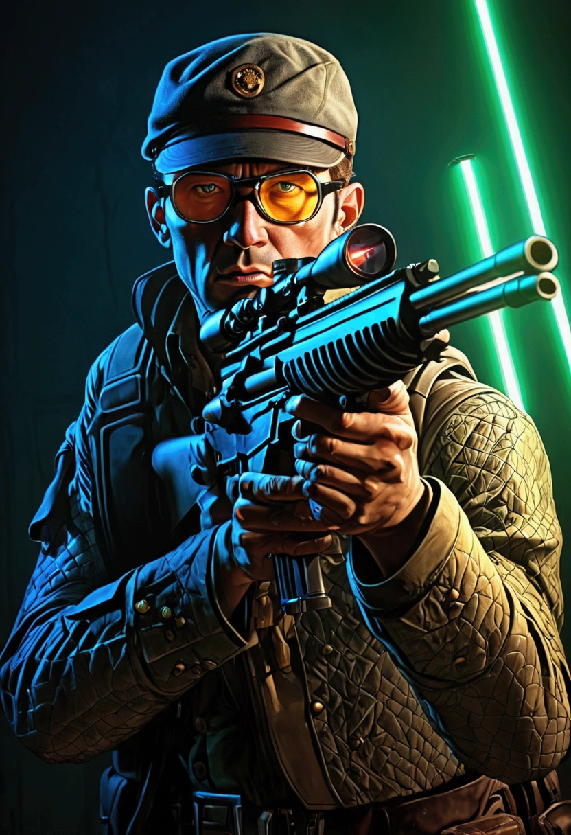 (Sniper), illustration of a aiming Sniper, in the style of laser lighting, focused light beams, vibrant light patterns, colored laser lights, danger, pulp comics, pulp art, hyper-realistic manga style, lurid, magazine cover imagery, dynamic composition, full body, award-winning, cinematic still, emotional, vignette, dynamic, vivid, (masterpiece, best quality, Professional, perfect composition, very aesthetic, absurdres, ultra-detailed, intricate details:1.3)