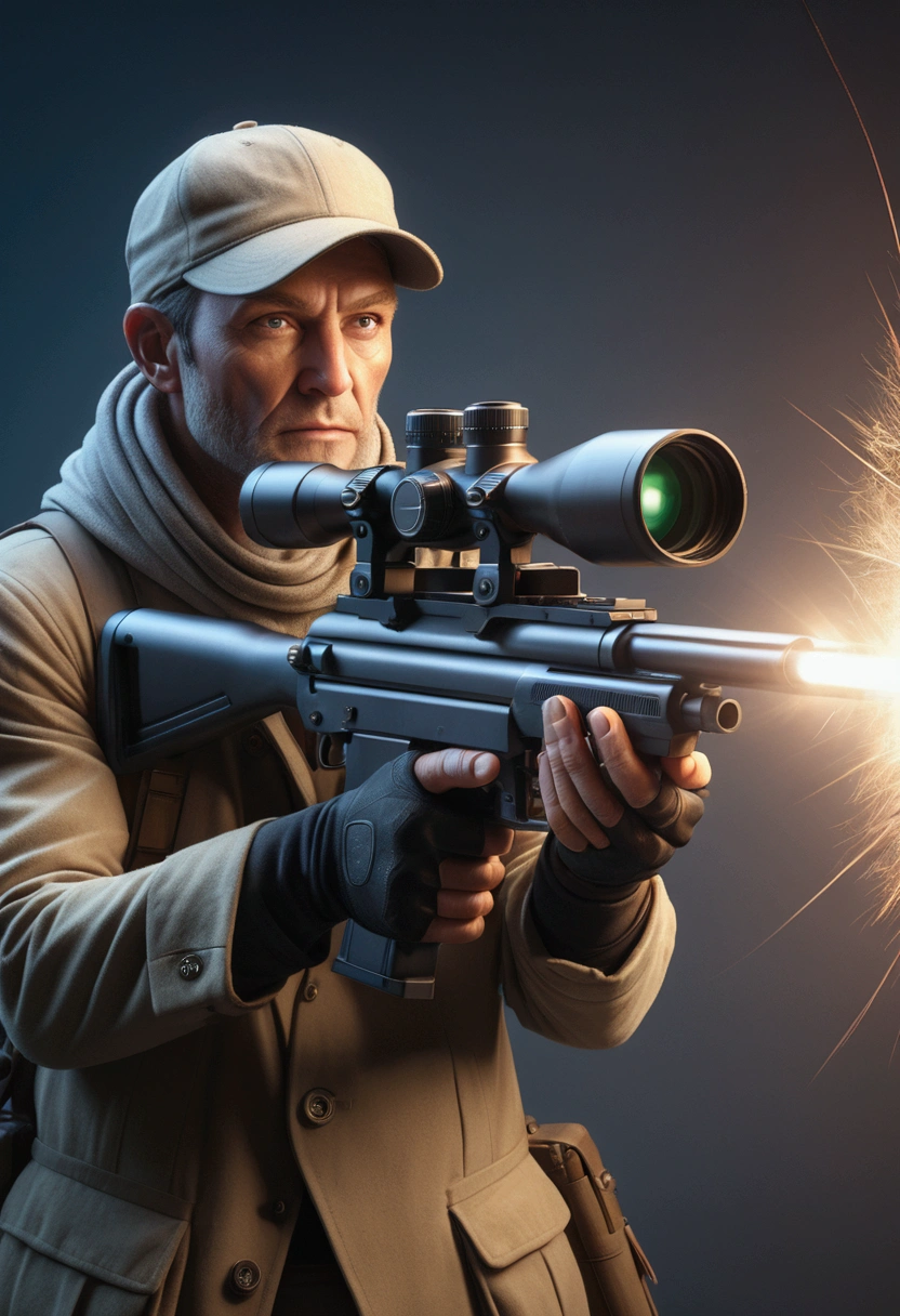 (Sniper), illustration of a aiming Sniper, in the style of laser lighting, focused light beams, vibrant light patterns, colored laser lights, danger, pulp comics, pulp art, hyper-realistic manga style, lurid, magazine cover imagery, dynamic composition, full body, award-winning, cinematic still, emotional, vignette, dynamic, vivid, (masterpiece, best quality, Professional, perfect composition, very aesthetic, absurdres, ultra-detailed, intricate details:1.3)