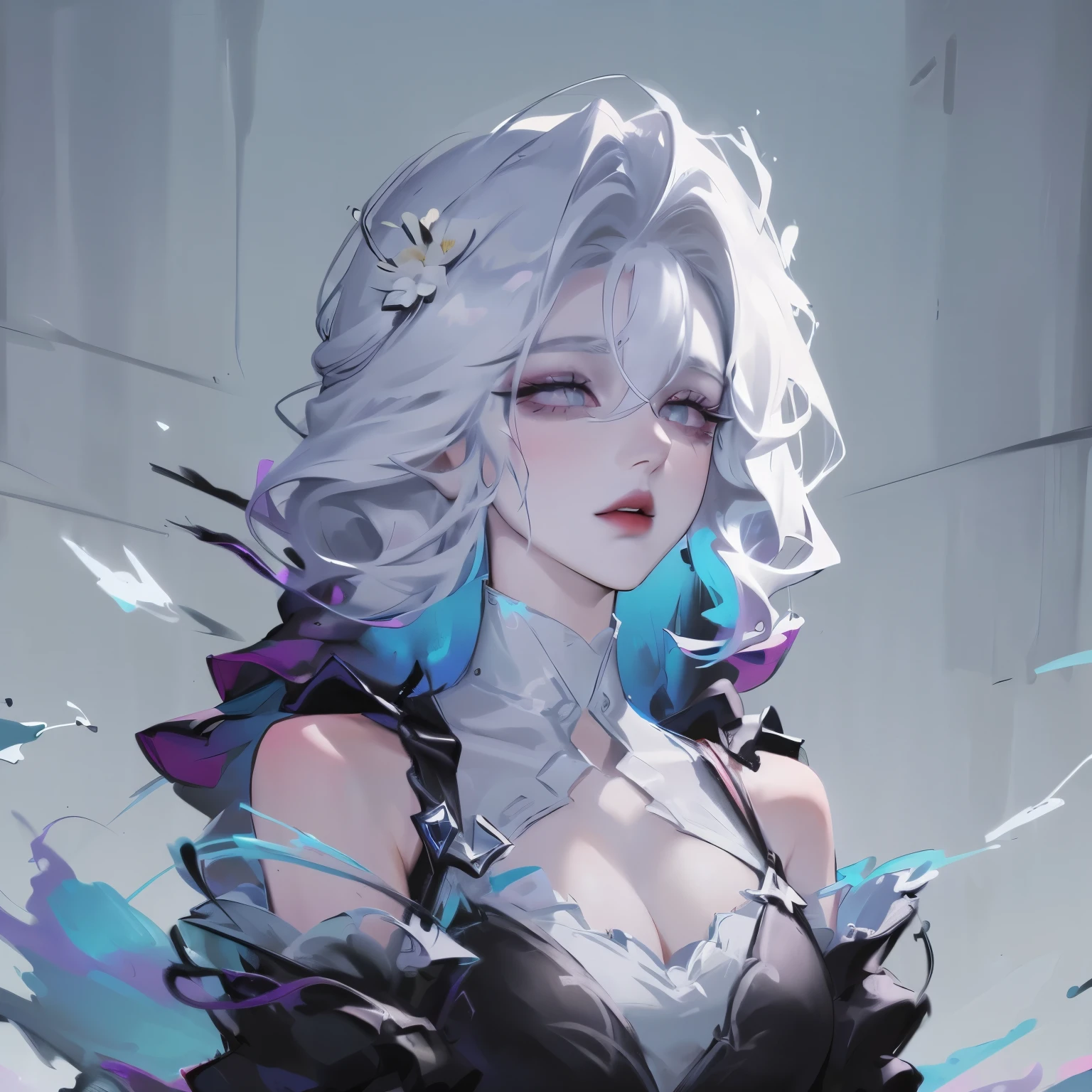 1 Girl,Solitary,1 Girl,Solitary,((Beautiful and delicate eyes)), (Detailed lighting),Depth of Field,(White hair),Silver Eyes,Hair covering one eye,(safflower ), Flowering,Long hair,Black cape,wet,callous,look back,night,Starfall,rain,FOG,safflowers falling,sketch,Upper Body,Strong shadows,