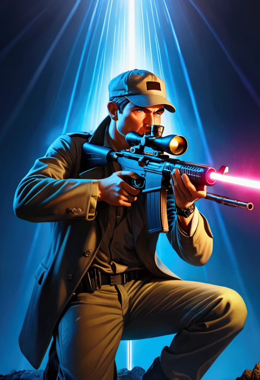 (Sniper), illustration of a aiming Sniper, in the style of laser lighting, focused light beams, vibrant light patterns, colored laser lights, danger, pulp comics, pulp art, hyper-realistic manga style, lurid, magazine cover imagery, dynamic composition, full body, award-winning, cinematic still, emotional, vignette, dynamic, vivid, (masterpiece, best quality, Professional, perfect composition, very aesthetic, absurdres, ultra-detailed, intricate details:1.3)