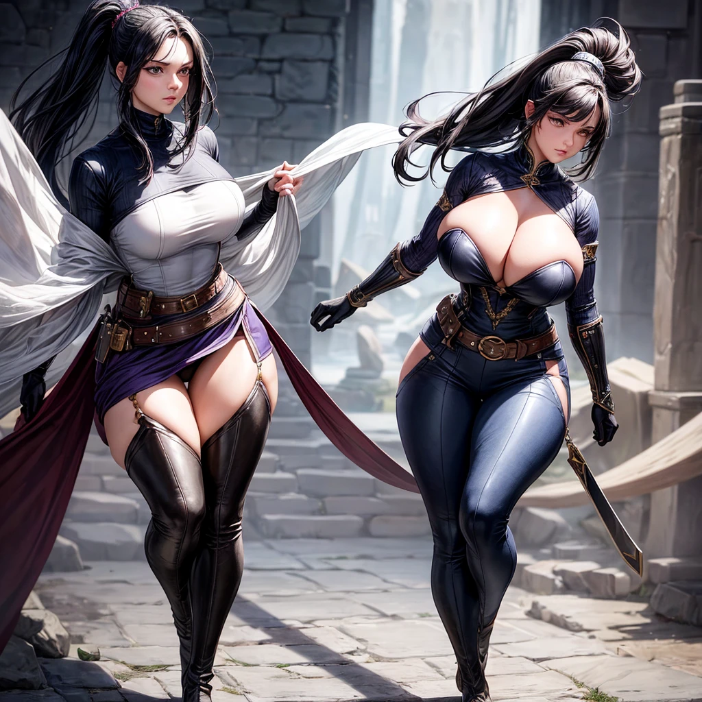 ((Kitana and mileena from mortal kombat series))(big glowing eyes) (bright red lips) (long straight black hair)((very huge breasts)) (perfect slim body) (kitana wears blue outfit, mileena wears purple outfit),(posing sexy back to back inside a dark temple) (high definition, volumetric lights and dinamic shadows)((masterpiece))(8k)(perfect face)(ultra details) (perfect hands, eyes, and face) ((fighting pose))