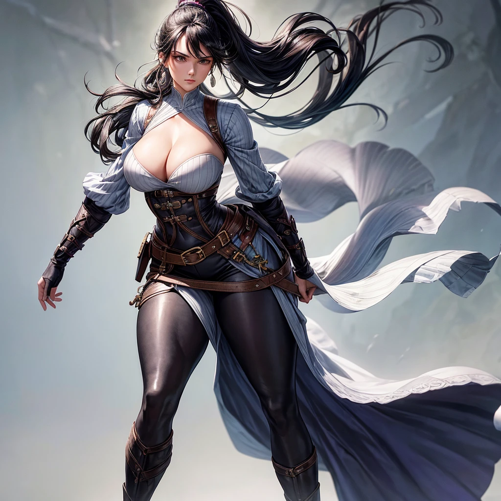 a beautiful, tall young woman with a curvy yet athletic and muscular build, chin-length, dark purple eyes and black hair with a fringe styled into a ponytail with an ample very big chest, gracefully curved legs, and nearly translucent skin.
a woman standing in front of a white wall, full - body artwork, wore a fitted tunic of deep indigo, accented with silver thread that hinted at her noble lineage. Beneath, she had sturdy leather breeches, allowing for ease of movement in battle. A wide belt cinched her waist, adorned with pouches and a dagger. Her boots, practical yet finely crafted, reached mid-calf. The outfit blended elegance with functionality, reflecting her strength and status as a warrior.