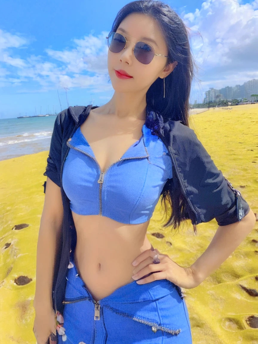 (Daytime, wonderful, 8k, masterpiece:1.3)), whole body, Long legs, focal distance: 1.2, Perfect body beauty: 1.4, Slim Abs: 1.1, ((Dark brown hair, Big Breasts: 1.2 )), (Wear skinny shorts, shirt,Are standing: 1.2), ((Ocean, Blue sky and white clouds: 1.3)), Highly detailed face and skin texture, Fine grain, double eyelid, long hair flying, Wearing sunglasses