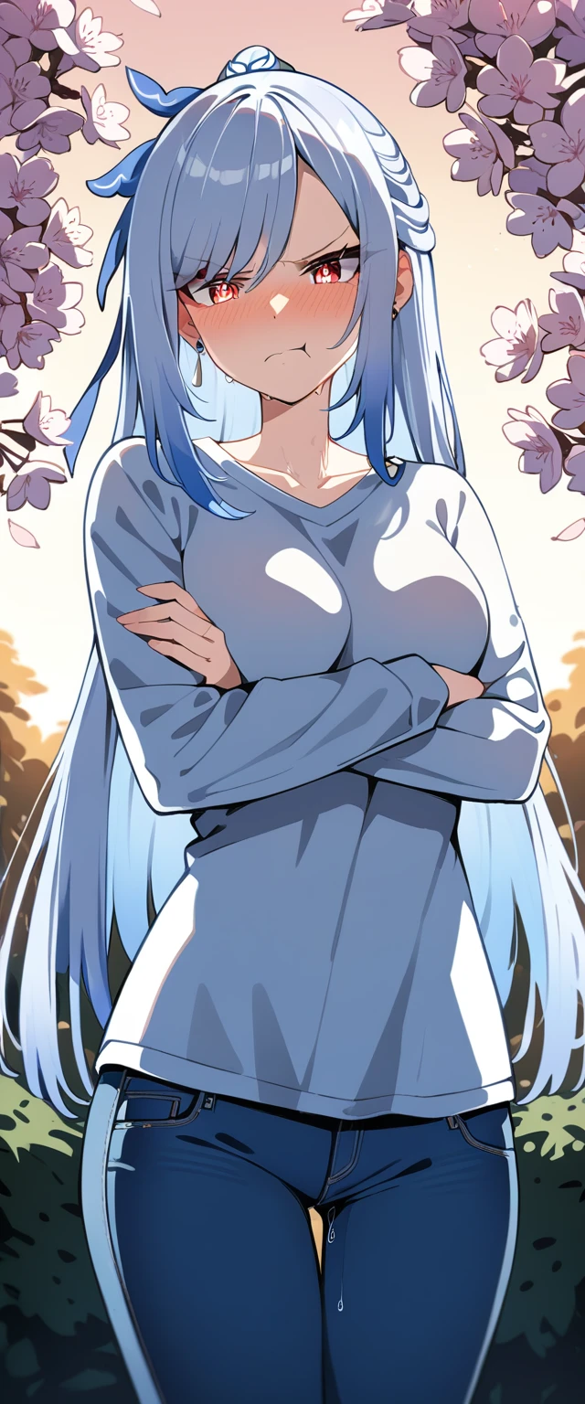 (masterpiece:1.37), best quality, (extremely detailed:1.37), (1girl:1.5), woman, (mature:1.5), (adult:1.5), jingliu, white hair, long hair, ponytail, hair ribbon, red eyes, earrings, jewelry, (jeans:1.25), (extremely detailed eyes:1.37), (wetting self:1.75), embarrassed, humiliation, blushing, (angry:1.5), cherry blossoms, garden, (golden hour:1.5), full body, (arms crossed:1.5)