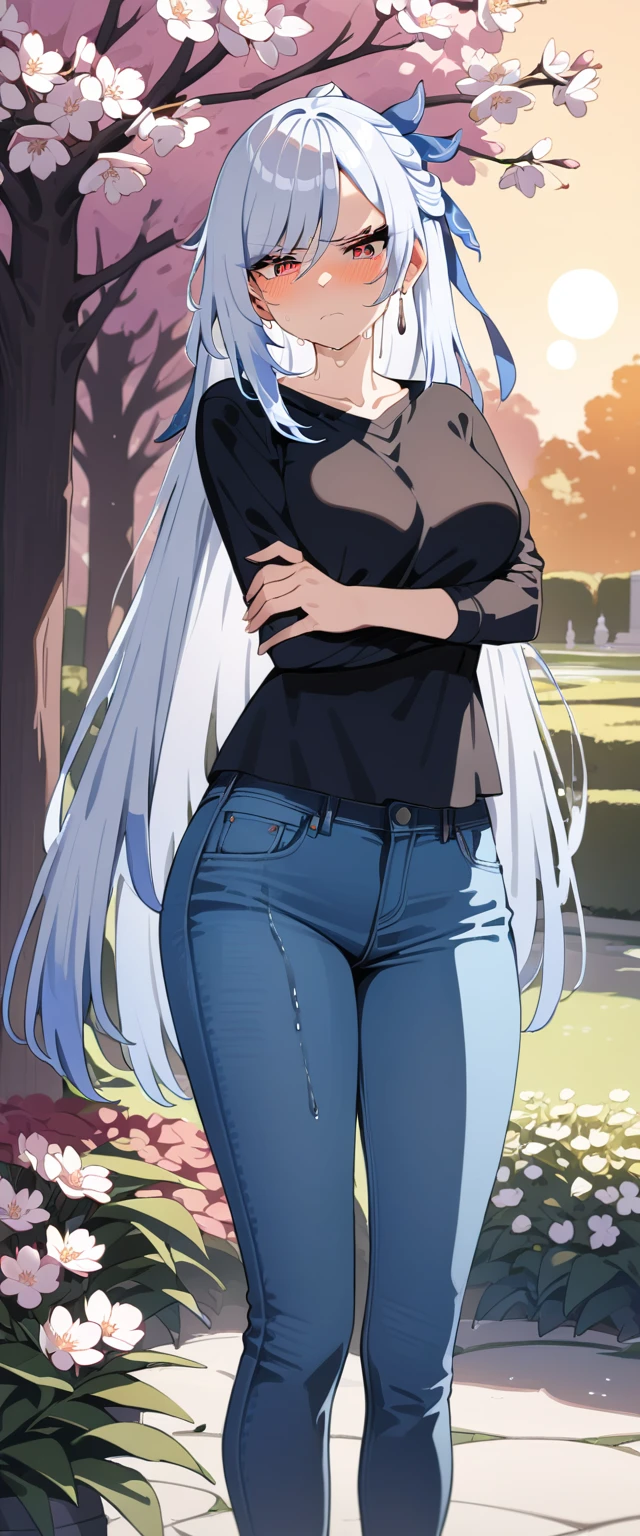 By iskra, by wolfy-nail, by personalami, Helluva Boss, Loona Hellhound, Loona, female, (detailed), view of the viewer, fluffy, solo, 1 girl, high resolution, photorealistic, cute-looking, embarrassed looking, ((clear structural details)), detailed realism, slim, soft, 4k, excellent quality, high details, (seductive), detailed fur, in the city park, sitting on bench, at night, lantern, full moon, tight jeans pants, closed jack