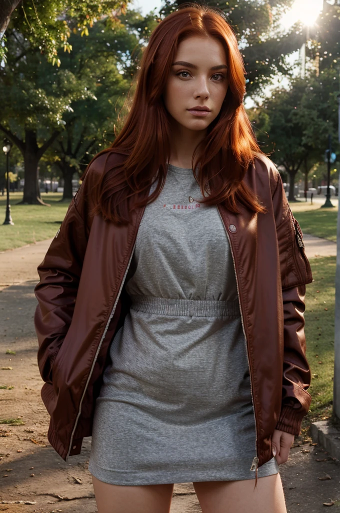 woman, realistic, young, red hair, jacket, full body, model, possing, sunset, detailed face, in a park, realistic background, preety face, ambar light eyes