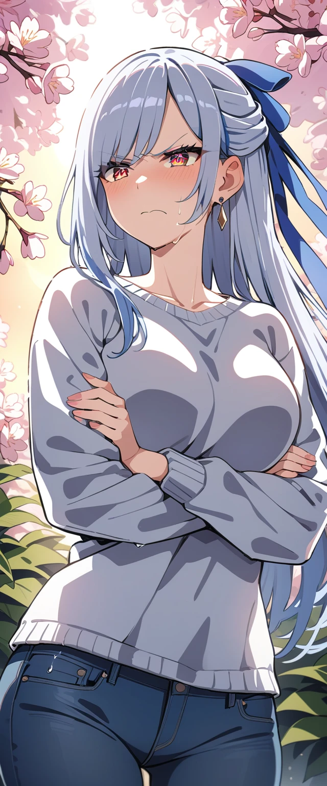 (masterpiece:1.37), best quality, (extremely detailed:1.37), (1girl:1.5), woman, (mature:1.5), (adult:1.5), jingliu, white hair, long hair, ponytail, hair ribbon, red eyes, earrings, jewelry, (jeans:1.25), (extremely detailed eyes:1.37), (wetting self:1.75), embarrassed, humiliation, blushing, (angry:1.5), cherry blossoms, garden, (golden hour:1.5), full body, (arms crossed:1.5)