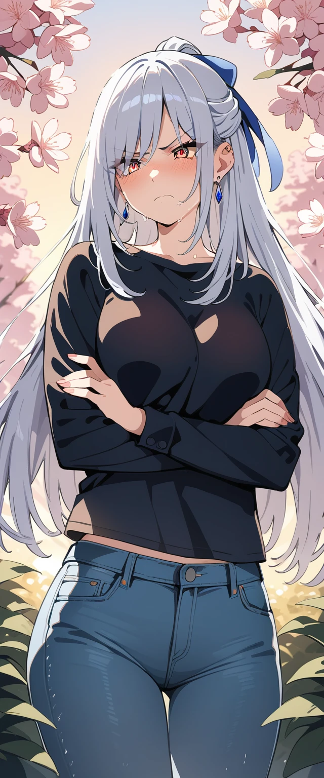 (masterpiece:1.37), best quality, (extremely detailed:1.37), (1girl:1.5), woman, (mature:1.5), (adult:1.5), jingliu, white hair, long hair, ponytail, hair ribbon, red eyes, earrings, jewelry, (jeans:1.25), (extremely detailed eyes:1.37), (wetting self:1.75), embarrassed, humiliation, blushing, (angry:1.5), cherry blossoms, garden, (golden hour:1.5), full body, (arms crossed:1.5)