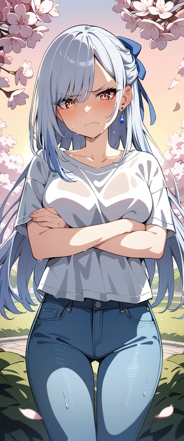 (masterpiece:1.37), best quality, (extremely detailed:1.37), (1girl:1.5), woman, (mature:1.5), (adult:1.5), jingliu, white hair, long hair, ponytail, hair ribbon, red eyes, earrings, jewelry, (jeans:1.25), (extremely detailed eyes:1.37), (wetting self:1.75), embarrassed, humiliation, blushing, (angry:1.5), cherry blossoms, garden, (golden hour:1.5), full body, (arms crossed:1.5)