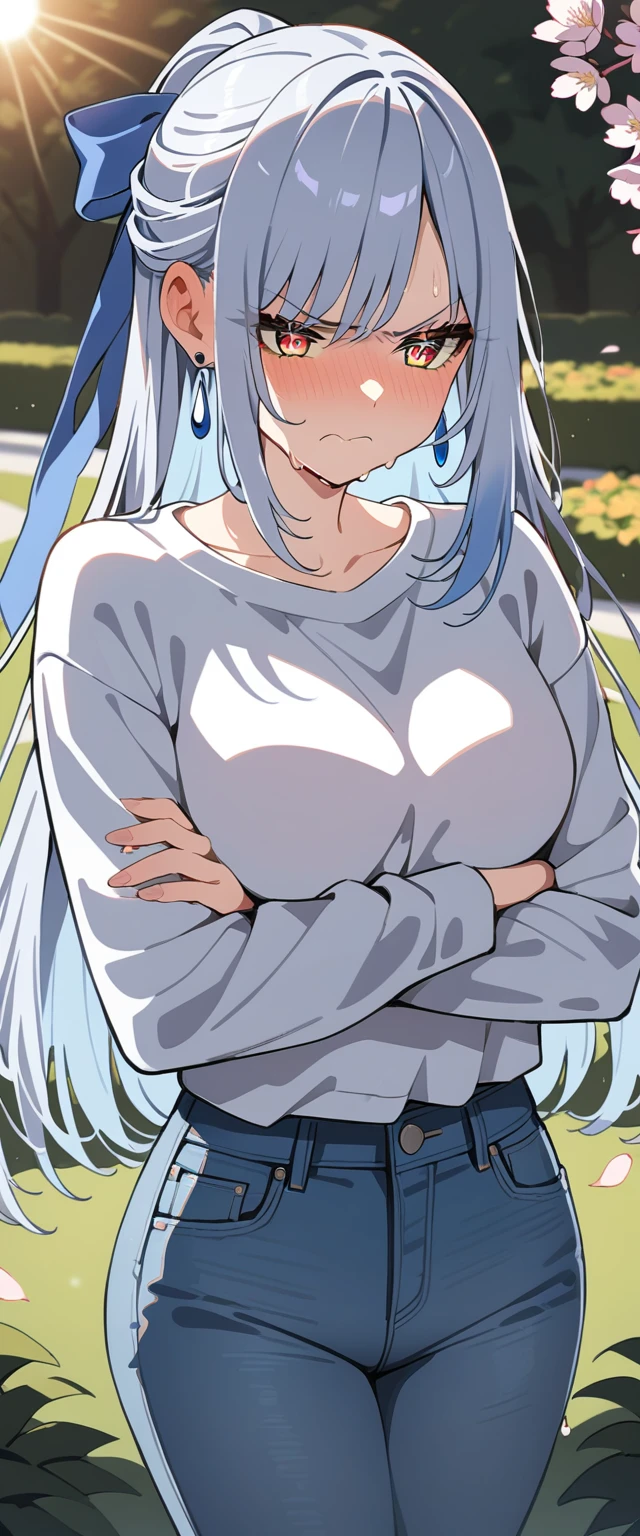(masterpiece:1.37), best quality, (extremely detailed:1.37), (1girl:1.5), woman, (mature:1.5), (adult:1.5), jingliu, white hair, long hair, ponytail, hair ribbon, red eyes, earrings, jewelry, (jeans:1.25), (extremely detailed eyes:1.37), (wetting self:1.75), embarrassed, humiliation, blushing, (angry:1.5), cherry blossoms, garden, (golden hour:1.5), full body, (arms crossed:1.5)