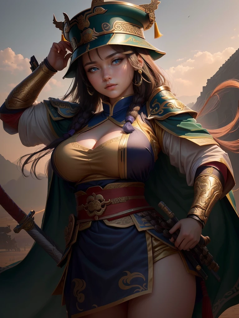 a woman with a bow and a bow in his hand, guan yu, bian lian, naranbaatar ganbold, inspired by Cao Zhibai, inspired by Hu Zaobin, inspired by Fan Kuan, inspired by Li Kan, mongol, inspired by Huang Shen, by Qu Leilei, inspired by Jang Seung-eop, a close up of a girl with a sword and a hat, guan yu, inspired by Hu Zaobin, naranbaatar ganbold, masamune shiro, bian lian, mongol, masamune, feng shu, inspired by Cao Zhibai, inspired by Huang Ding, genghis khan, inspired by Huang Shen, zhao yun, Highly detailed CG unit 8k wallpaper, masterpiece, High resolution, highest quality, highest quality real texture skin, Super Real, Digital Painting, Best image quality, 最High resolution, 8k, ((Highly detailed eyes and face, Beautiful eyes every detail)), 1girl, Full Body Shot, 1girl, Saggy breasts, Gravity-dependent breasts, long chest, Heavy chest, disproportionate breasts, huge breasts, sagging breasts, gigantic breasts, erect nipple, Cleavage cut out,