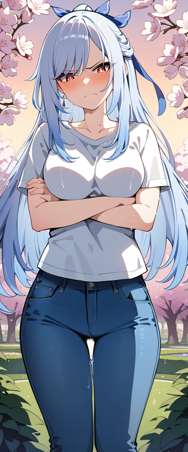 (masterpiece:1.37), best quality, (extremely detailed:1.37), (1girl:1.5), woman, (mature:1.5), (adult:1.5), jingliu, white hair, long hair, ponytail, hair ribbon, red eyes, earrings, jewelry, (jeans:1.25), (extremely detailed eyes:1.37), (wetting self:1.75), embarrassed, humiliation, blushing, (angry:1.5), cherry blossoms, garden, (golden hour:1.5), full body, (arms crossed:1.5)
