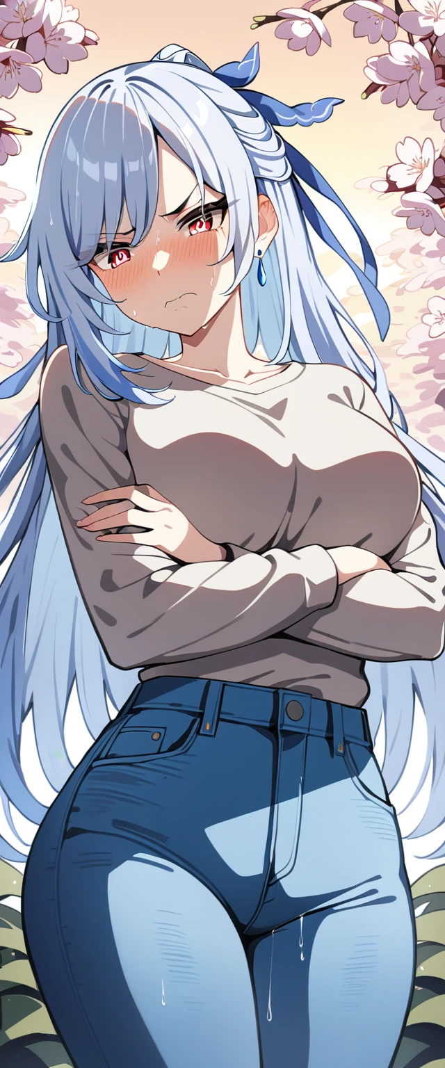 (masterpiece:1.37), best quality, (extremely detailed:1.37), (1girl:1.5), woman, (mature:1.5), (adult:1.5), jingliu, white hair, long hair, ponytail, hair ribbon, red eyes, earrings, jewelry, (jeans:1.25), (extremely detailed eyes:1.37), (wetting self:1.75), embarrassed, humiliation, blushing, (angry:1.5), cherry blossoms, garden, (golden hour:1.5), full body, (arms crossed:1.5)