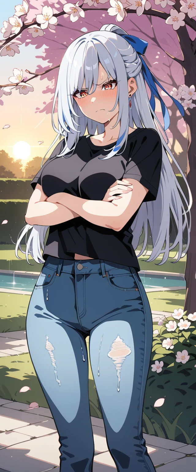 (masterpiece:1.37), best quality, (extremely detailed:1.37), (1girl:1.5), woman, (mature:1.5), (adult:1.5), jingliu, white hair, long hair, ponytail, hair ribbon, red eyes, earrings, jewelry, (jeans:1.25), (extremely detailed eyes:1.37), (wetting self:1.75), embarrassed, humiliation, blushing, (angry:1.5), cherry blossoms, garden, (golden hour:1.5), full body, (arms crossed:1.5)