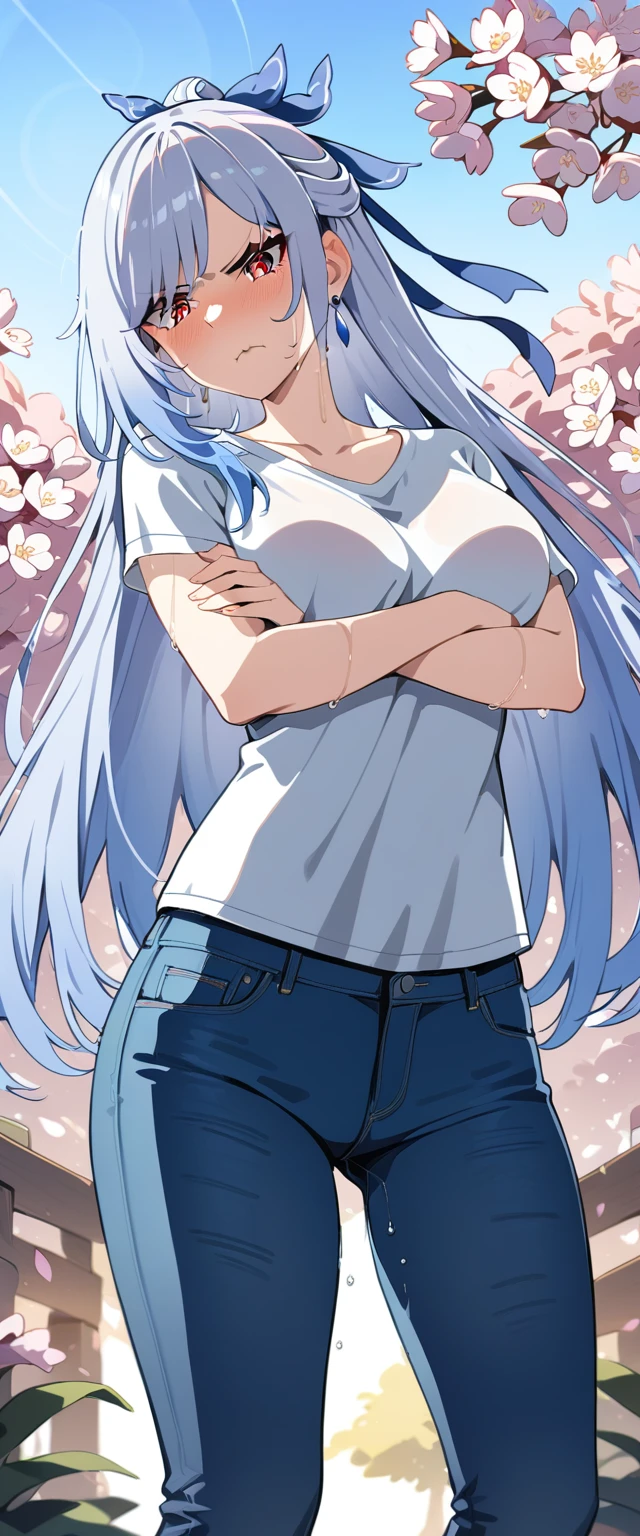 (masterpiece:1.37), best quality, (extremely detailed:1.37), (1girl:1.5), woman, (mature:1.5), (adult:1.5), jingliu, white hair, long hair, ponytail, hair ribbon, red eyes, earrings, jewelry, (jeans:1.25), (extremely detailed eyes:1.37), (wetting self:1.75), embarrassed, humiliation, blushing, (angry:1.5), cherry blossoms, garden, (golden hour:1.5), full body, (arms crossed:1.5)