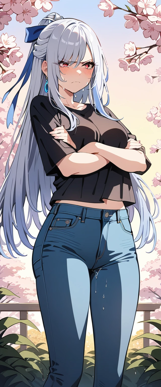 (masterpiece:1.37), best quality, (extremely detailed:1.37), (1girl:1.5), woman, (mature:1.5), (adult:1.5), jingliu, white hair, long hair, ponytail, hair ribbon, red eyes, earrings, jewelry, (jeans:1.25), (extremely detailed eyes:1.37), (wetting self:1.75), embarrassed, humiliation, blushing, (angry:1.5), cherry blossoms, garden, (golden hour:1.5), full body, (arms crossed:1.5)