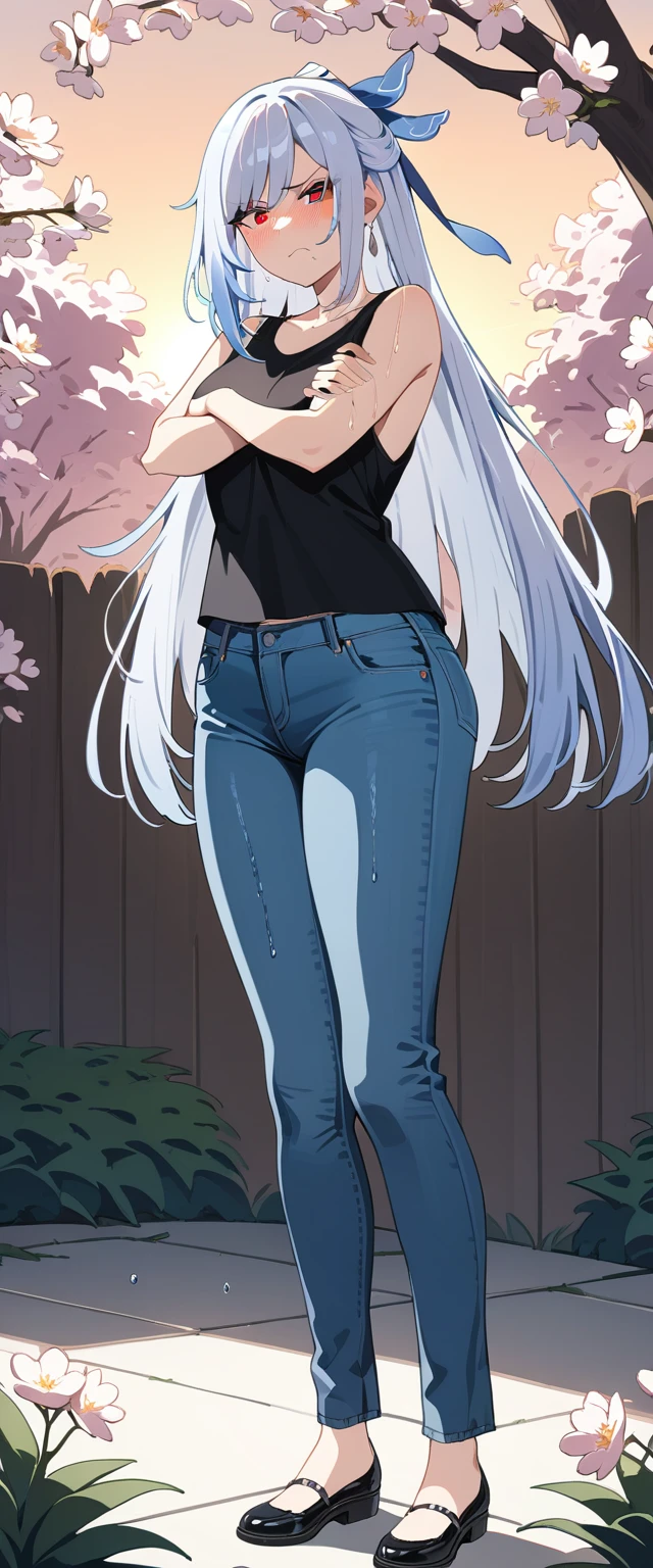 (masterpiece:1.37), best quality, (extremely detailed:1.37), (1girl:1.5), woman, (mature:1.5), (adult:1.5), jingliu, white hair, long hair, ponytail, hair ribbon, red eyes, earrings, jewelry, (jeans:1.25), (extremely detailed eyes:1.37), (wetting self:1.75), embarrassed, humiliation, blushing, (angry:1.5), cherry blossoms, garden, (golden hour:1.5), full body, (arms crossed:1.5)