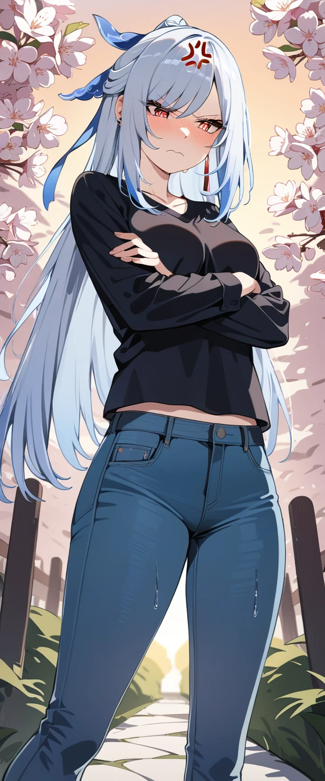 (masterpiece:1.37), best quality, (extremely detailed:1.37), (1girl:1.5), woman, (mature:1.5), (adult:1.5), jingliu, white hair, long hair, ponytail, hair ribbon, red eyes, earrings, jewelry, (jeans:1.25), (extremely detailed eyes:1.37), (wetting self:1.75), embarrassed, humiliation, blushing, (angry:1.5), cherry blossoms, garden, (golden hour:1.5), full body, (arms crossed:1.5)