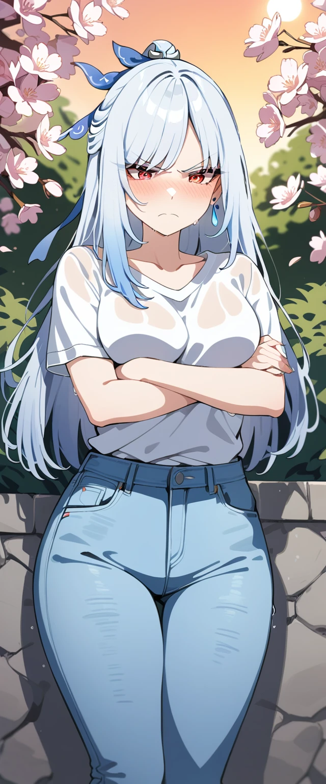 (masterpiece:1.37), best quality, (extremely detailed:1.37), (1girl:1.5), woman, (mature:1.5), (adult:1.5), jingliu, white hair, long hair, ponytail, hair ribbon, red eyes, earrings, jewelry, (jeans:1.25), (extremely detailed eyes:1.37), (wetting self:1.75), embarrassed, humiliation, blushing, (angry:1.5), cherry blossoms, garden, (golden hour:1.5), full body, (arms crossed:1.5)
