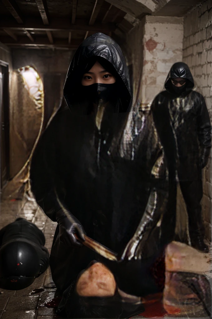 korean girl, (behind corpse, surgical mask), multiple girls, holding knife, stabbing, black raincoat, black gloves, hood up, room full of blood, black wet suit, holding knife, black gloves, behind corpse, blood splatter, short hair, night, mass murderer, robbery, in the house,